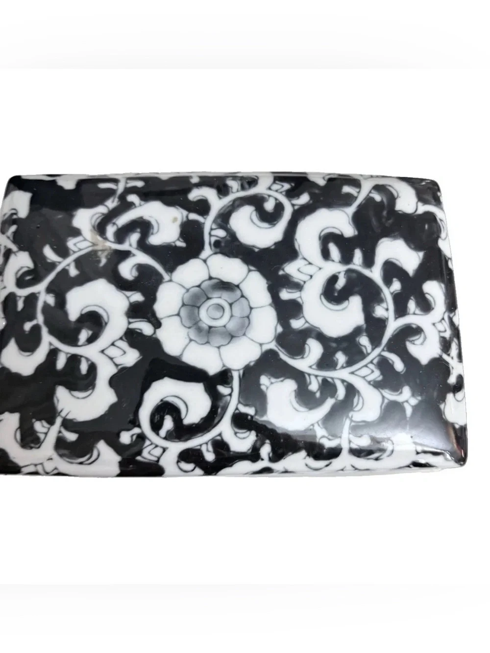 Black White Porcelain Lidded Trinket Box Floral Scroll Design Chinoiserie